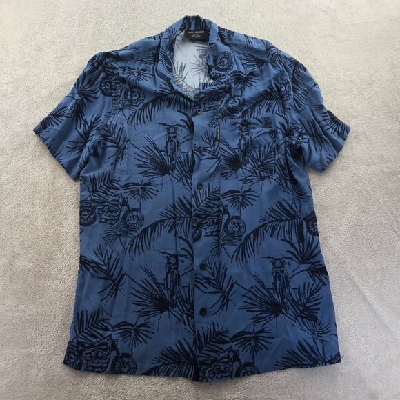 Harley-Davidson Mens Hawaiian Shirt Large Short Sleeve Blue Casual Moto Leaf Y2K - Picture 13 of 14